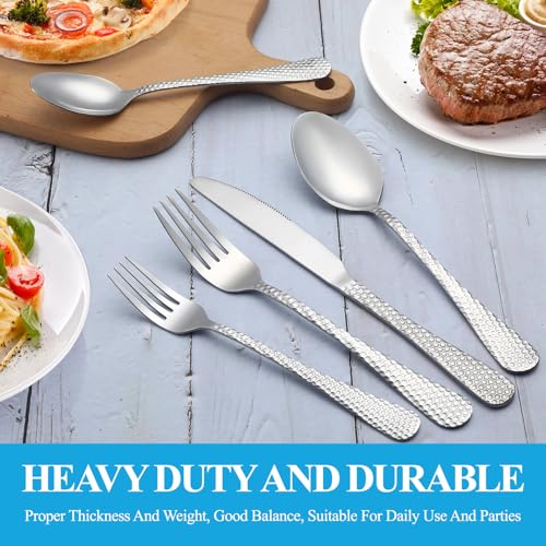 60 Pcs Hammered Silverware Set Service for 12 (Silver)