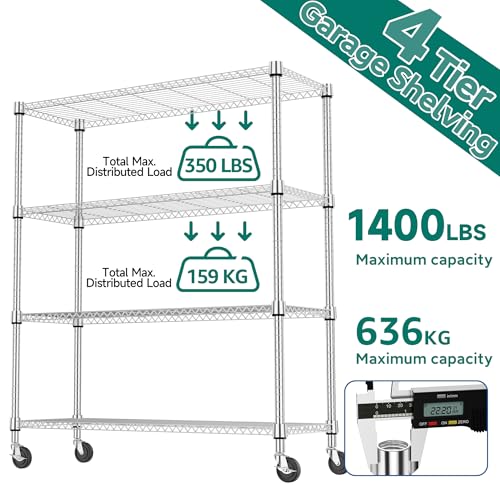 1400LBS 47.2" W 4 Tiers Storage Shelves Metal Shelving Unit with Wheels Heavy Duty Garage Shelving Adjustable Wire Shelves for Pantry (4 Tiers, 17.7"D x 47.2"W x 62.6"H / Chrome)