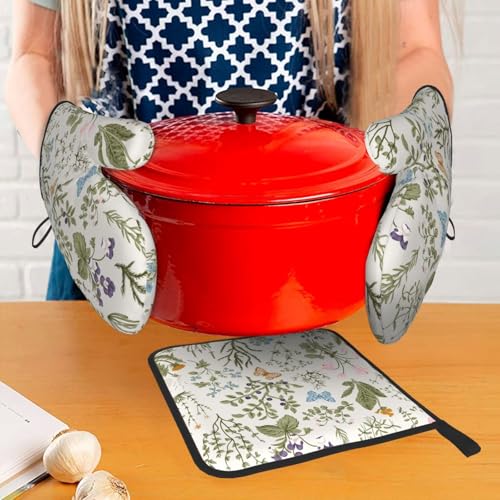 Vintage Floral Oven Mitts and Pot Holders Sets of 3 Cute Botanic (Vintage Floral)
