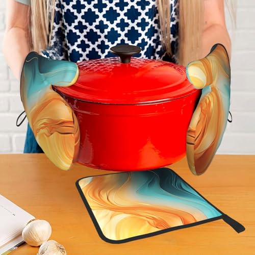 Orange Teal Marble Oven Mitts and Pot Holders Sets of 3 (Orange Teal)
