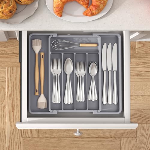 Expandable Silverware Drawer Organizer (Gray / Medium Wide(8.5-14''W x 12''D))