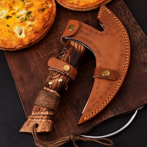 Pizza Cutter Axe Carbon Steel Slicer Chef Viking Axe with Leather Cover (Hand Engraved Etched Ash Wood)