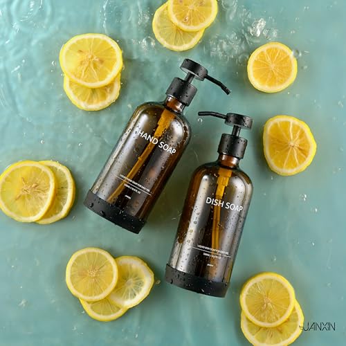 Glass Kitchen Soap Dispenser Set with Ceramic Tray (Amber Bottles + Black Pumps)