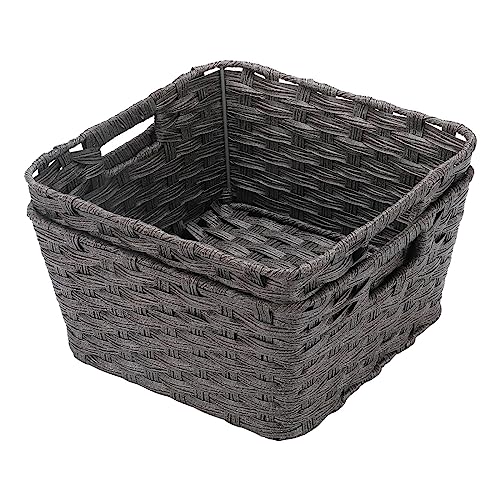 2 Pack Plastic Wicker Bathroom Baskets (12" x 12" x 6" / Dark Grey)
