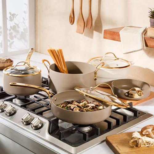 Pots and Pans Set (Cappuccino Cream w/ Gold Handle / 8-Piece Cookware Set)
