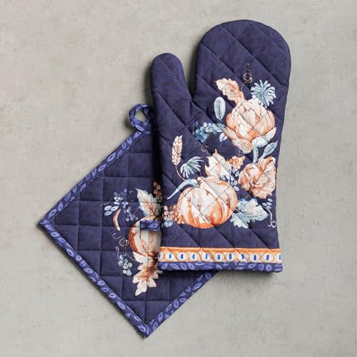 100% Cotton Oven Mitt & Pot Holder Set (072 - Pumpkin Blues / 7.5" x 13" & 8" x 8" (Oven Mitt & Pot Holder))