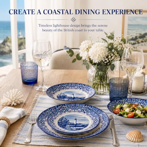 Royal 12 Piece Porcelain Dinnerware Set for 4 (Light House Dark Blue / 12)