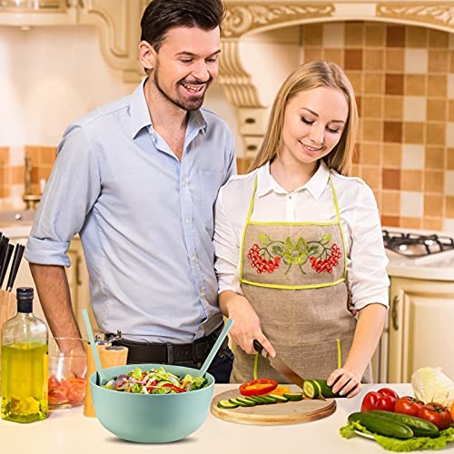 Bamboo Fiber 10 ″ Large Salad Serving Bowl Set with Wooden Lid & Servers (9.84 inch / Turquoise)