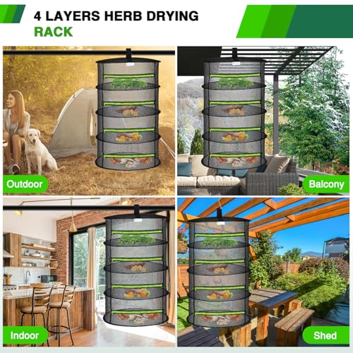 4 Layer Herb Drying Rack Hanging Mesh Net Foldable Plant Drying Racks 24" w Green Zipper Pruning Shears Hook Dryer Hanging Rack for Herbs Seed Bud Fruit Clothes Grow Tent Closets Garden Outdoor