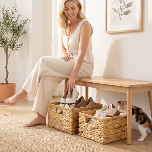 Wicker Baskets for Storage (Natural (Water Hyacinth) / 11½"L x 11½"W x 7"H + 9¾"L x 9¾"W x 6½"H)