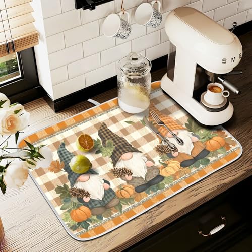 Fall Pumpkin Gnomes Maple Leaves Autumn2 Dish Drying Mat for Kitchen Counter Absorbent Microfiber Large Drying Pad Dish Mats for Kitchen Countertops 18 x 24 Inch (24" x 18")