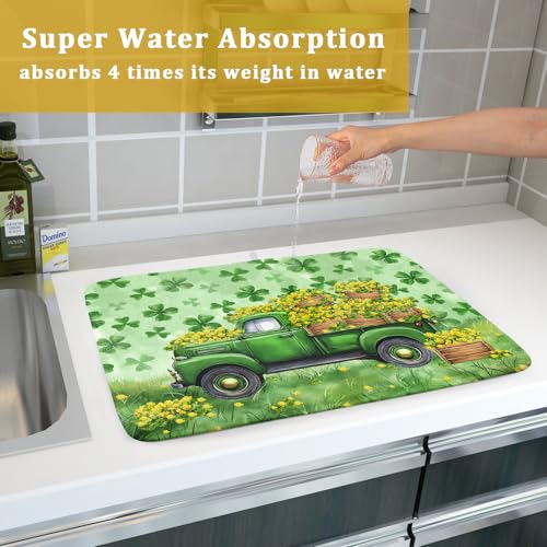 Holiday Dish Drying Mat for Kitchen Counter(Green Lucky Truck) (Green Lucky Truck / 24" x 18")