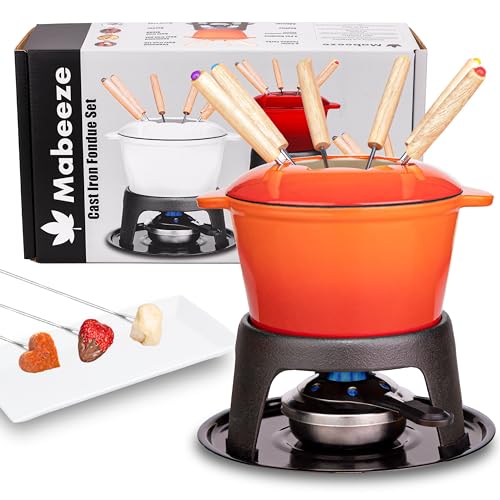 Cast Iron Fondue Pot Set Orange Enameled 1.6 Qt for Cheese (Orange)