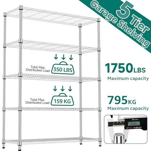 1750LBS 47.2" W 5 Tiers Shelf Steel Storage Shelves Metal Shelving Unit Steel Organizer Wire Rack for Home (5 tier, 17.7" D x 47.2" W x 72.4" H / Chrome)