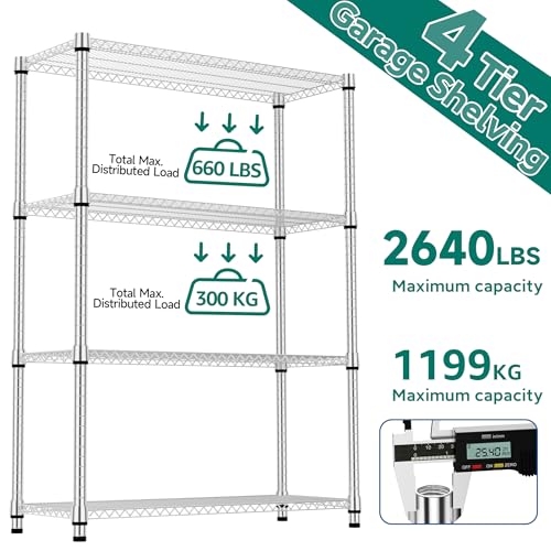 4 Tiers Shelf Metal Storage Shelves 2640 lbs Steel Storage Shelving Utility Shelving Unit Steel Organizer Wire Rack for Home (4 tier, 17.7"D x 47.2"W x 70.3"H / Chrome)