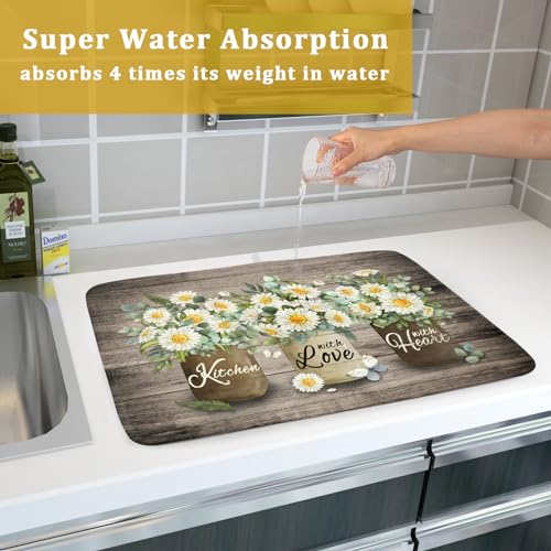 Flower Vase Dish Drying Mats 18×24 Inch Rustic Wood Reversible Microfiber Kitchen Countertop Protector Fast Dry Dish Drainer Rack Pad (flower vase wood / 18" x 24")