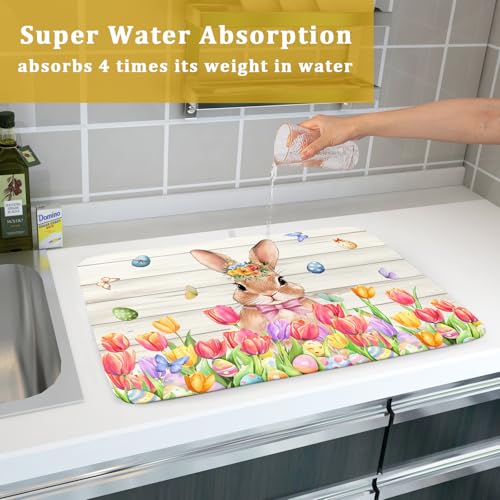 Easter Bunny Dish Drying Mat 18x24 inch Eggs Floral Fast Drying Pad Washable Reversible Microfiber Dish Drainer Mats for Kitchen Counter (Bunny Wood / 18" x 24")