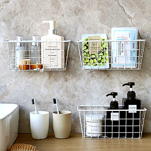 Hanging Kitchen Baskets For Storage Adhesive Sturdy Small Wire Storage Baskets No Drilling Wall Mounted Kitchen Food Pantry Bathroom Shelf Storage (4 Count)