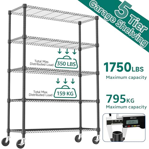 1750LBS 47.2" W 5 Tiers Storage Shelves Metal Shelving Unit with Wheels Heavy Duty Garage Shelving Adjustable Wire Shelves for Pantry (5 tier, 17.7" D x 47.2" W x 76.8" H / Black)