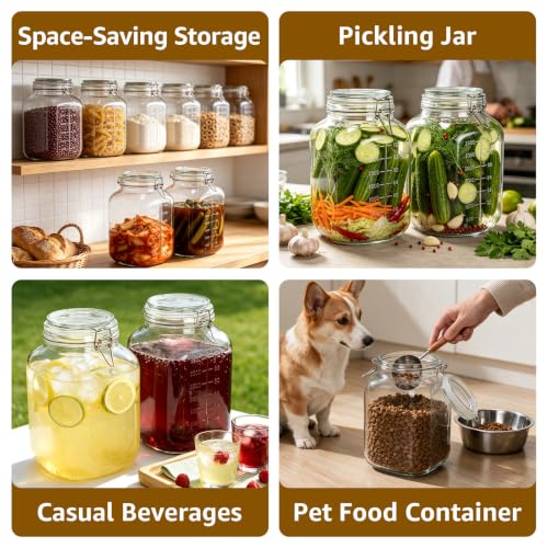 Large Square Glass Jars with Airtight Lids 1.1 Gallon Wide Mouth (Clear 1.1 Gal Square - 2 sets)