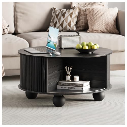 Round Coffee Table with Storage for Living Room (Black)