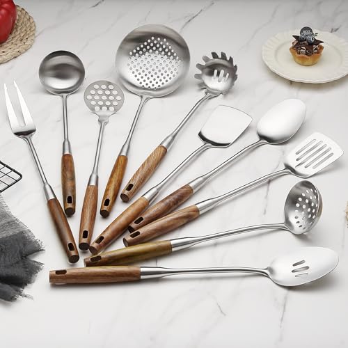 10 Pcs Cooking Utensils Set 304 Stainlss Steel Kitchen Utensils Set Heat Resistant Wooden Handle Kitchen Tools Metal Kitchen Utensil Soup Ladle Set (Wooden Handle-10 Pcs)
