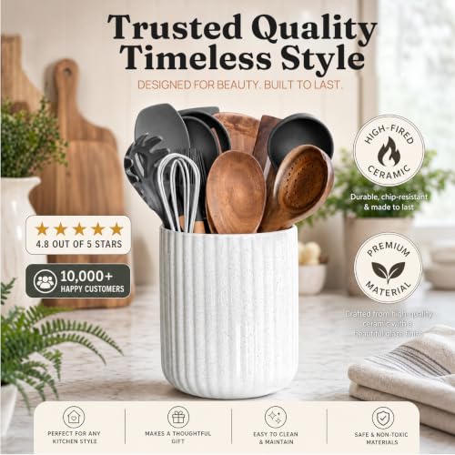 Large Ceramic Utensil Holder (White & sand)