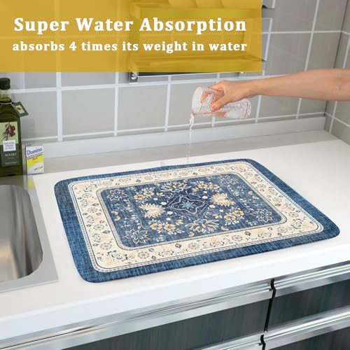 Blue Boho Dish Drying Mat for Kitchen Counter 18x24 Inch Fast Dry Drying Pad Vintage Floral Dish Drainer Rack Mats Coffee Bar Accessories (Blue Boho / 18 x 24 inch)