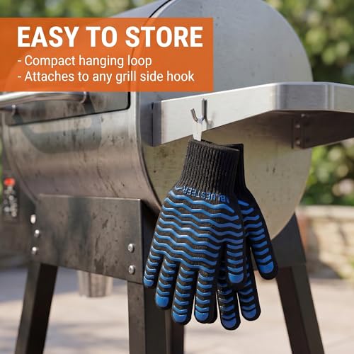 BBQ Gloves 1472°F Heat Resistant Oven Gloves with Fingers (Black-blue / One Size Fits Most)