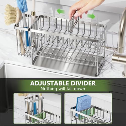 Silver 2 Tier Kitchen Sink Caddy Organzier Rack with Flexible Dish Brush Holder (Silver / Medium)