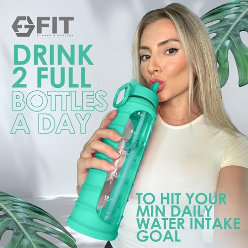 32 oz Glass Water Bottle with Time Marker (Ribbed Seafoam Sleeve)