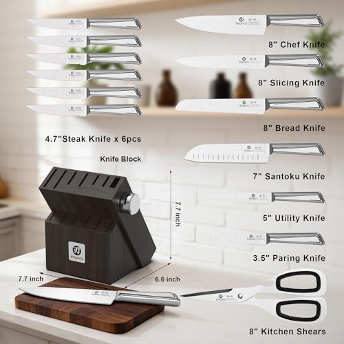 Japanese High Carbon Stainless Steel Knife Set with Block (Silver Gray)