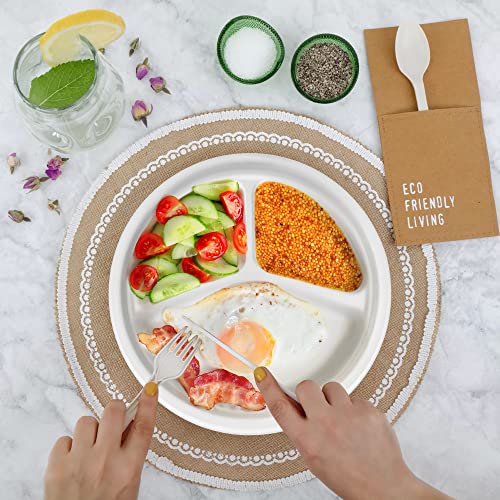 100PCS 100% Compostable 10in Paper Plates (White / 10in Sectional(100count))