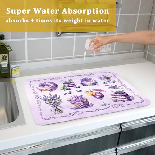 Purple Coffee Matt for Counter Sweet Dish Drying Mats for Dessert Lover Large Size Absorbent 18 X 24 In (Dreamy Dessert Purple / 24" x 18")