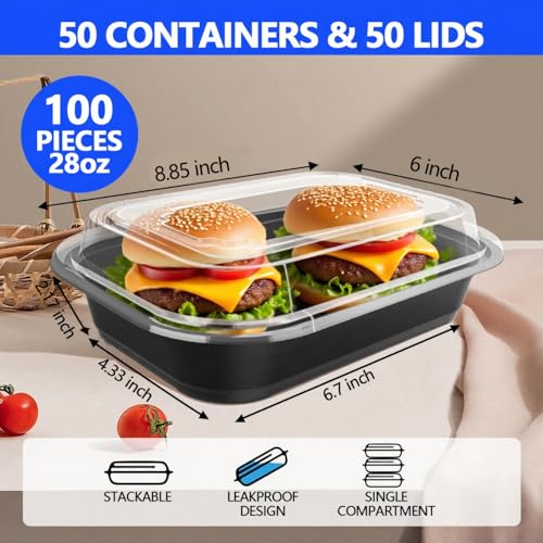 50 Pack (100-Piece) - 28oz Meal Prep Containers Salad & Snack Storage for Lunch | BPA Free & Leakproof Food Containers | To Go Take Out Plastic Bento Box | Microwave, Freezer, Dishwasher Safe (28 oz)