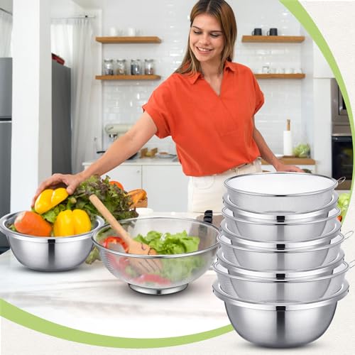 8 Pcs Stainless Steel Microporous Colander Set with 1.2qt 2qt 3qt 5qt Capacity Strainer with Metal Mixing Bowls (8 Count)