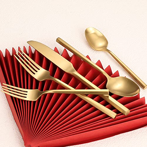 Matte Silverware Set Gold Flatware Set with Hexagon Handle 20 Pieces 18 (Matt gold)