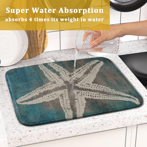 Vintage Starfish Dish Drying Mat Coastal Beachy Nautical Drainer Rack Mat 16"x18" Absorbent Washable Dish Dry Pad for Kitchen Counter Sink (Vintage Starfish / 16" x 18")