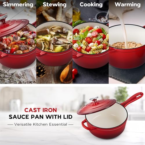 Cast Iron Sauce Pan Pot (Red / 3 Quarts)