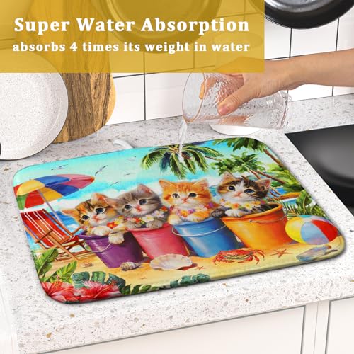 Summer Dish Drying Mat for Kitchen Counter 18 X 16 in Cute Cat Beach (Lovely Cat Blue / 18" x 16")