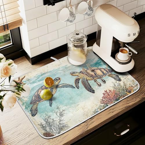 Vintage Ocean Sea Turtle04 Dish Drying Mat for Kitchen Counter Absorbent Microfiber Small Drying Pad Dish mats for Kitchen Countertops 16 x 18 Inch (Sea Turtle / 18" x 16")