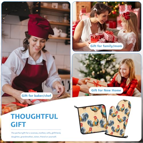 Watercolor Rooster Oven Mitts and Pot Holders Sets Heat Resistant 4Pcs Potholders Oven Gloves Hot Pads for Kitchen Baking Cooking Grilling BBQ (Watercolor Rooster)