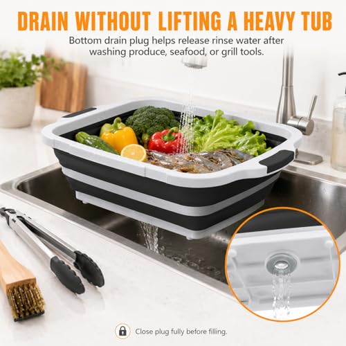 BBQ Prep Tub 16L Black Collapsible Sink with Cutting Board Lid (Black / X-Large)