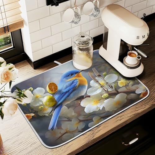 Spring Blue Yellow Flower Bluebird Butterflies Dish Drying Mat for Kitchen Ccounter Absorbent Microfiber Small Drying Pad Dish Mats for Kitchen Countertops 16 x 18 Inch (18" x 16")