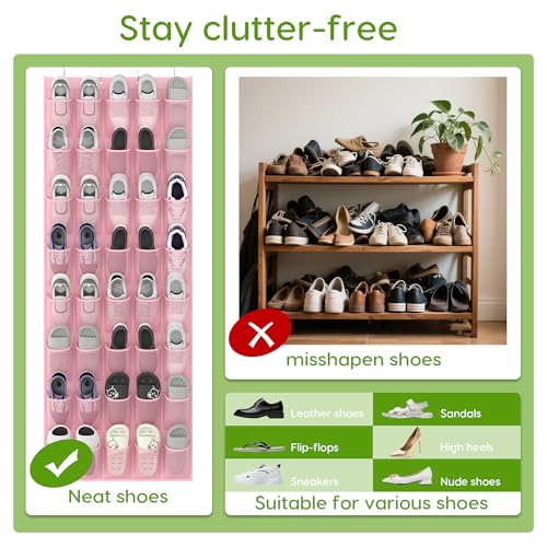 Over the Door Shoe Organizer with 40 Large Breathable Mesh Pockets (Pink / 40 Pockets)