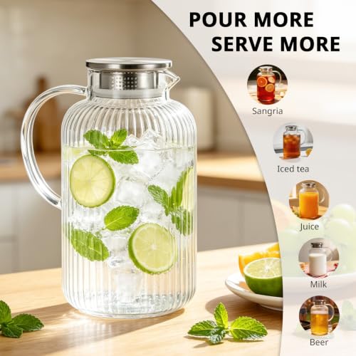 3 Liter 101 oz Stripes Glass Pitcher with Lid and Handle (Stripes Clear / 101.4 Ounces)