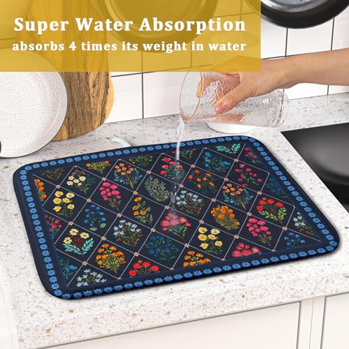 Lapis Blue Dish Drying Mat for Kitchen Counter Flowers Microfiber Absorbent Dish Draining Reusable Washable Small (Wildflowers Dark Blue / 18" x 16")