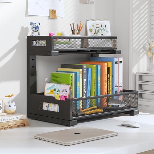 1 Pack-11.4"-16.14"H Under Sink Storage Organizer, Large 2-Tier Elegant Mesh Pull Out Shelf for Kitchen and Bathroom Cabinet Organization, L-Shaped and Adjustable Height Design for Maximum Space-Black (Black / 1 Pack-15.74"Dx11.4"-16.14"H)