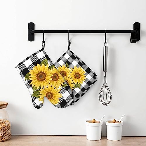 Sunflower Black White Buffalo Plaid Oven Mitts and Pot Holders Sets Silicone Yellow Floral Lumberjack Check Kitchen Mitts Potholders Heat Resistant 4Pcs Oven Gloves Hot Pads for Kitchen (Sunflower Plaid)