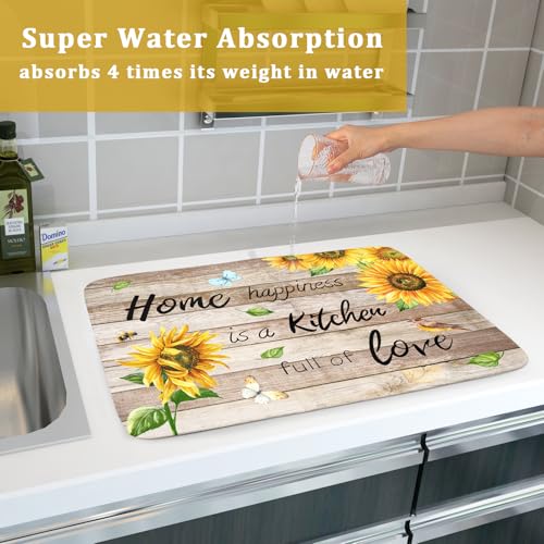 Sunflower Floral Dish Drying Mat for Kitchen Countertop 18x24 inch Rustic Wood Washable Microfiber Absorbent Dishes Drainer Rack Pad (Sunflower Wood Home / 18" x 24")